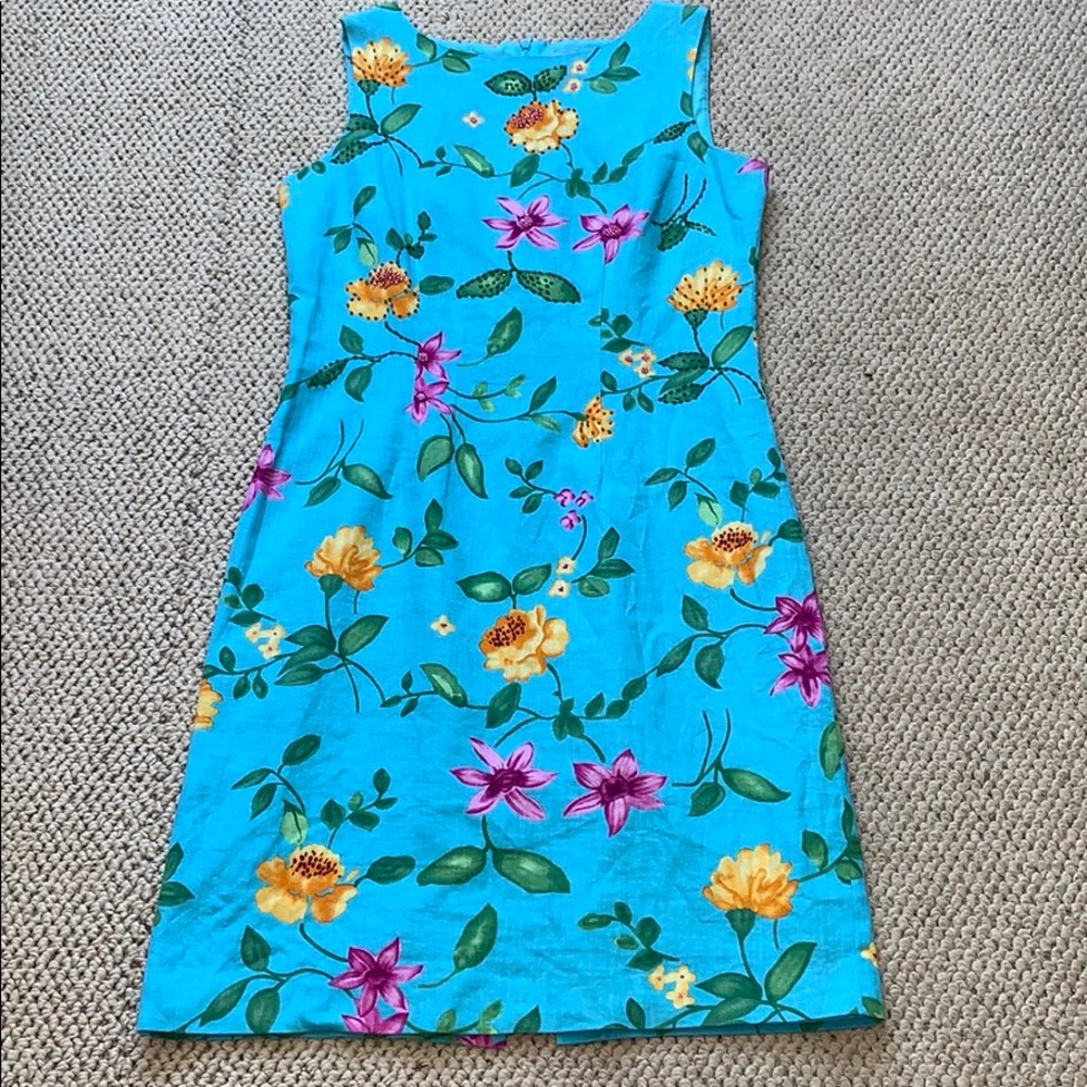 Pretty caribbean blue linen floral beaded dress